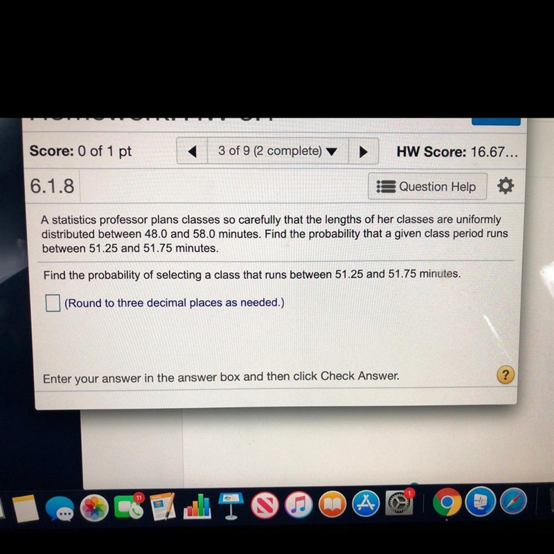 Find the probability of selecting a class that runs between 51.25 and 51.75 minutes-example-1