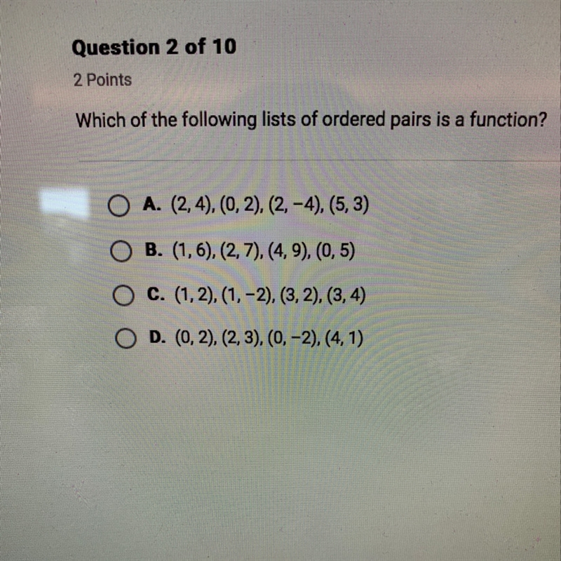 Which of the following lists of ordered pairs is a function ?-example-1