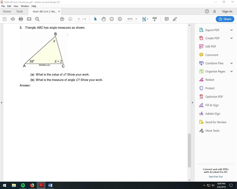 I NEED HELP ASAP Triangle ABC has angle measures as shown. (a) What is the value of-example-1