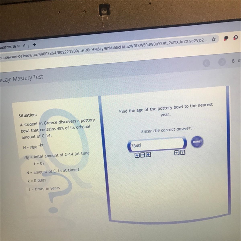 A student in Greece discovers a pottery bowl that contains 48% of its original amount-example-1