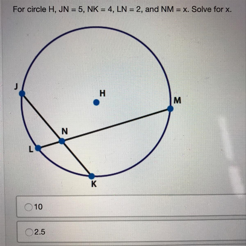 For circle H, JN = 5, NK = 4, LN = 2 and NM = x. Solve for x-example-1