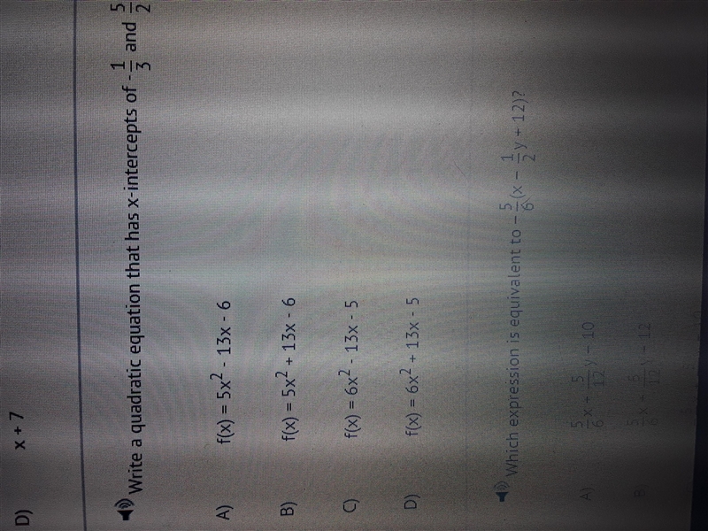 Write a quadratic equation that has x-intercepts of -1/3 and 5/2-example-1