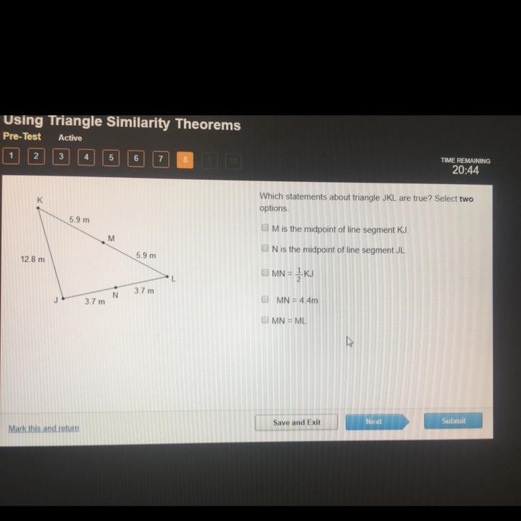 Which statements about triangle JKL are true? Select two options.-example-1