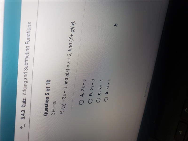 Help please !!! If f(x)=3x-1 and g(x) = x + 2 , find ( f +g ) (x)-example-1