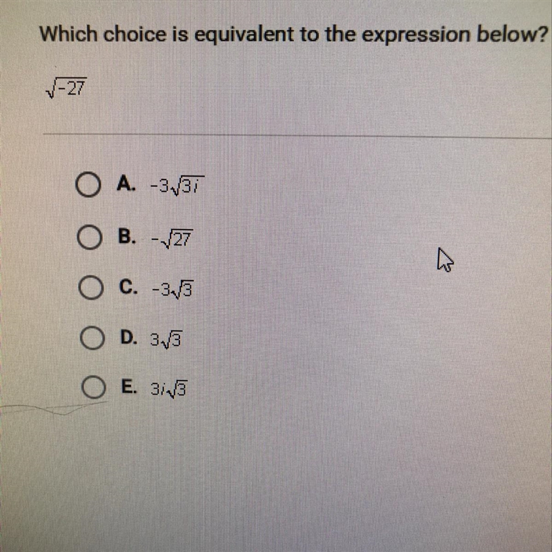 Which choice is equivalent to the expression below? Square root of -17 A.-3sqr of-example-1