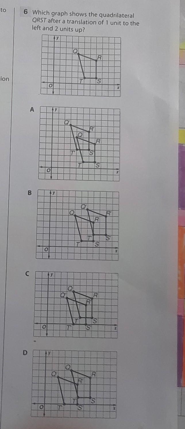 Which graph shows the quadrilateral QRST after a transation of 1 unit to the left-example-1