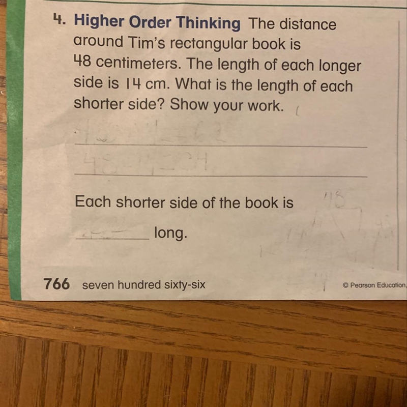 The distance around tim's rectangular book is 48 cm. The length of each longer side-example-1