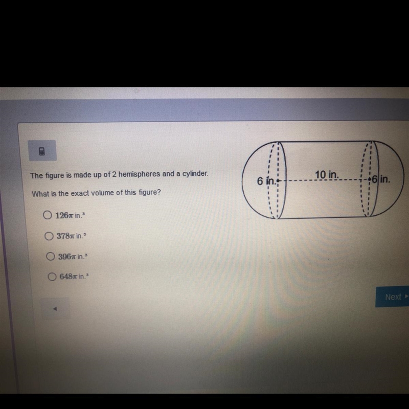 The figure is made up of 2 hemisphere and a cylinder what is the exact volume?-example-1