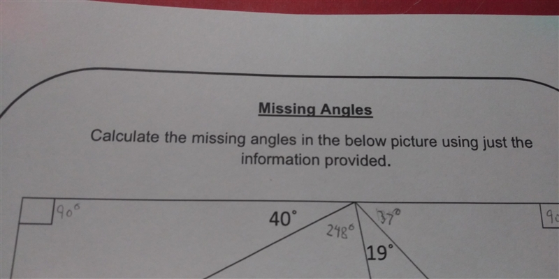 14 POINTS I need help finding the missing angles. (You can fix me work I already done-example-1