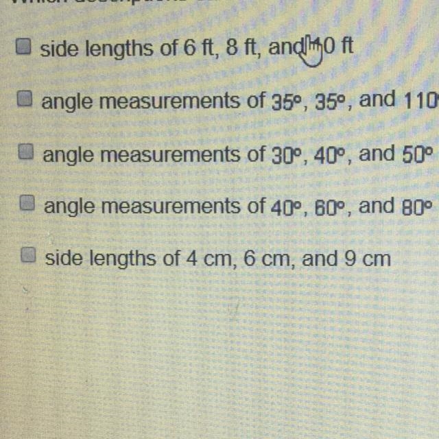 Which descriptions can describe more than one triangle? check all that apply-example-1