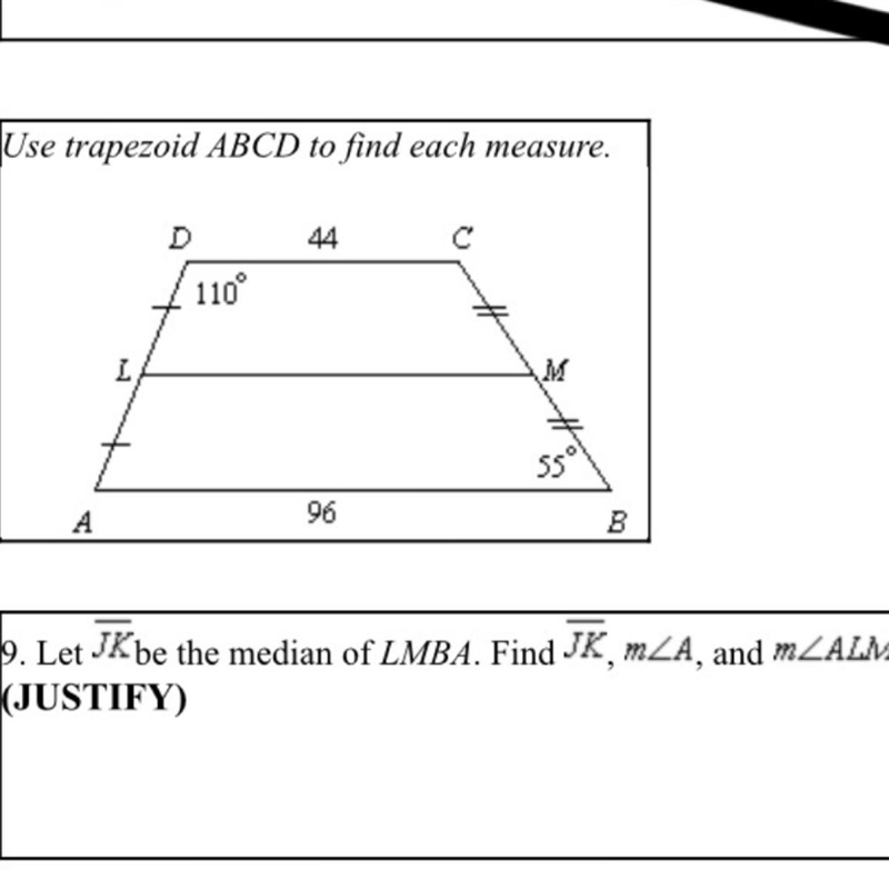 Let JK be the median of LMBA. Find JK, m∠A and m∠ALM-example-1