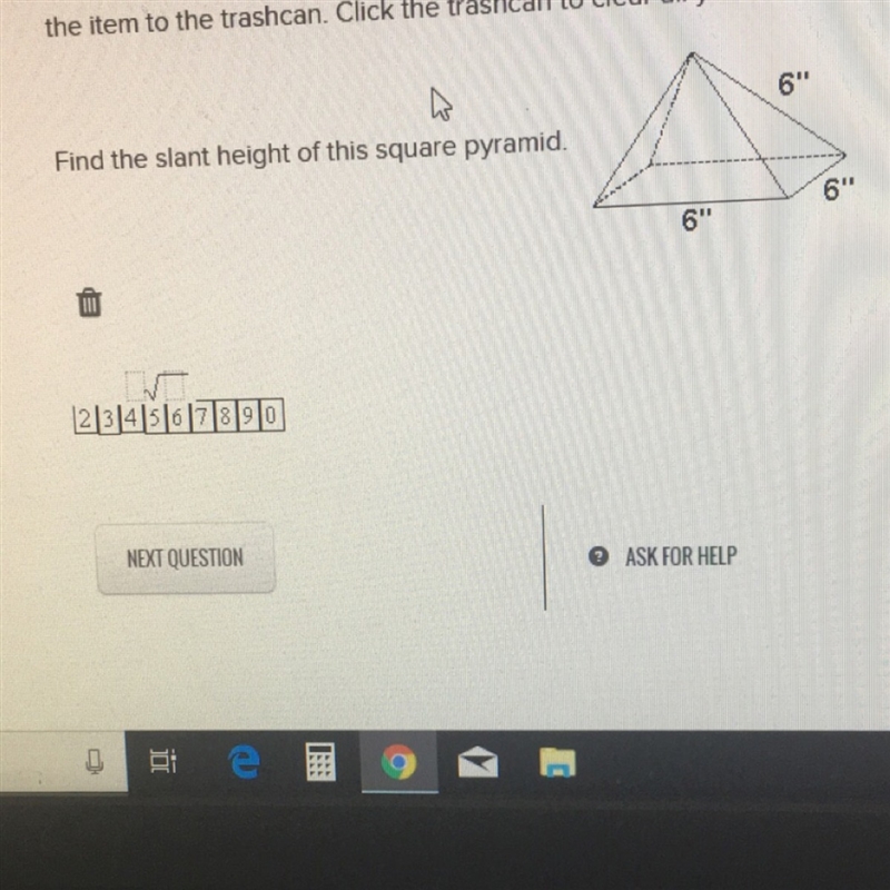 Find the slant height of this square pyramid.-example-1