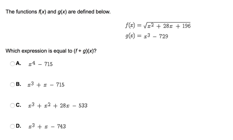 Which expression is equal to (f + g)(x)?-example-1