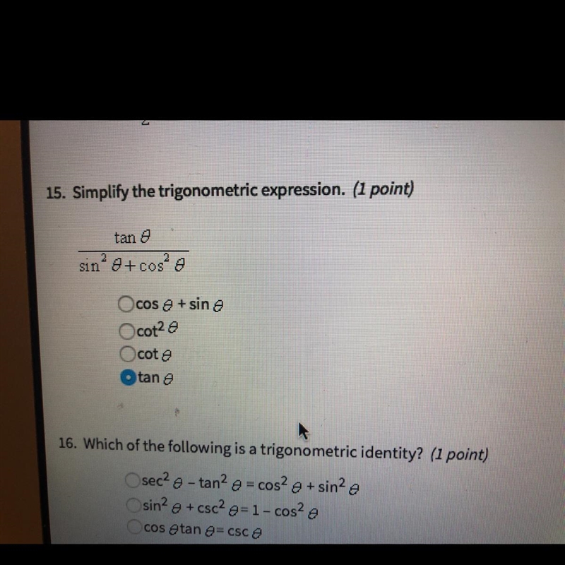 Simplify the trigonometric expression. Is this the correct answer?-example-1