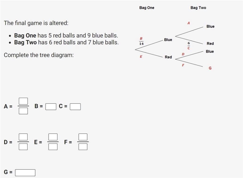 The final game is altered: Bag One has 5 red balls and 9 blue balls. Bag Two has 6 red-example-1