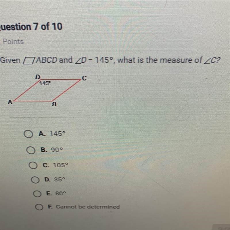 Given ABCD and D = 145º, what is the measure of C?-example-1