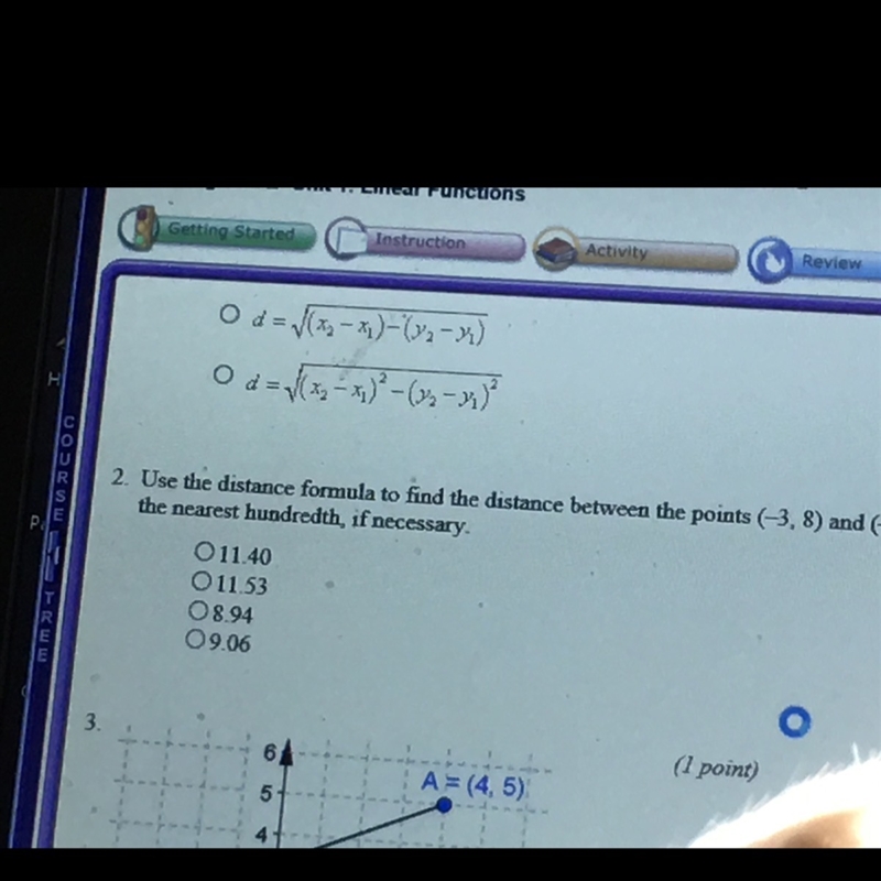 Use the distance formula to find the distance between the points (-3,8) and (-4,-1). Round-example-1