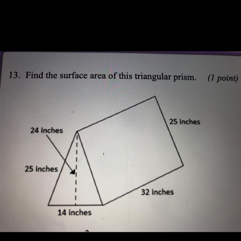 Find the surface area of this triangular prism. A.2,216in B.2,352in C.2,384in D.5,376in-example-1