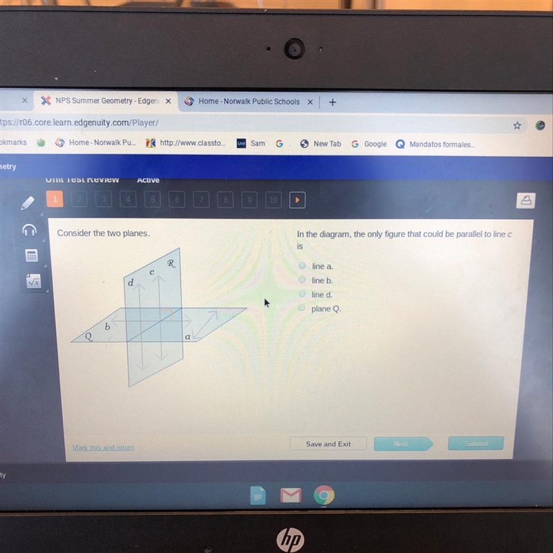 Consider the two planes. In the diagram, the only figure that could be parallel to-example-1