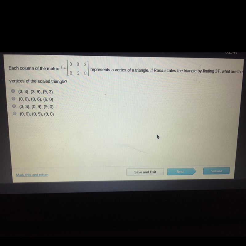 Please HELP! A.) (3,3) (3,9) (9,3) B.) (0,0) (0,6) (6,0) C.) (3,3) (0,9) (9,0) D.) (0,0) (0,9) (9,0)-example-1