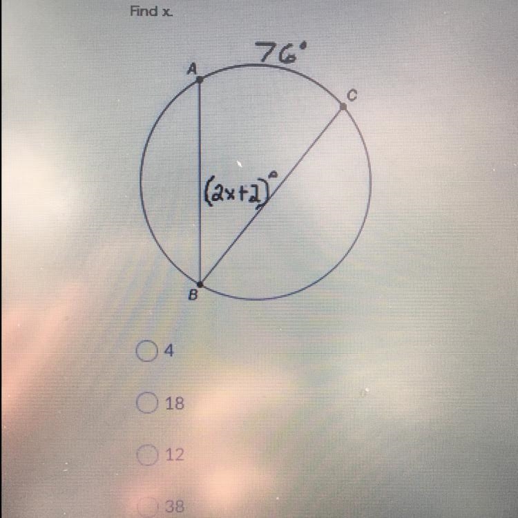 Find x 76 degrees (2x+2) degrees-example-1