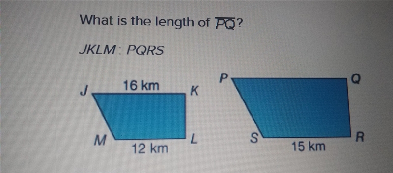 HELP ASAP!! What is the length of PQ? 12 km 16 km 18 km 20 km​-example-1