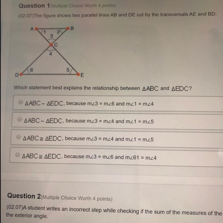 Which statement best explains the relationship between ABC and EDC?-example-1