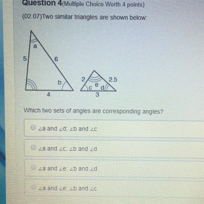 Two similar triangles are shown below. 25 Which two sets of angles are corresponding-example-1