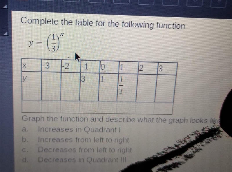 Comeplete the table for the following function y = (1/3) graph the function and describe-example-1