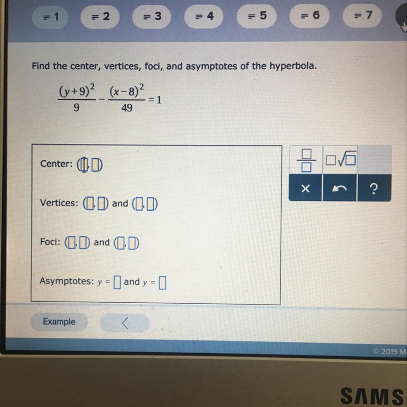 Find the center,vertices,foci,and asymptotes of the hyperbola.-example-1