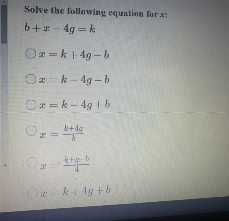 Solve for x b+x-4g=k-example-1