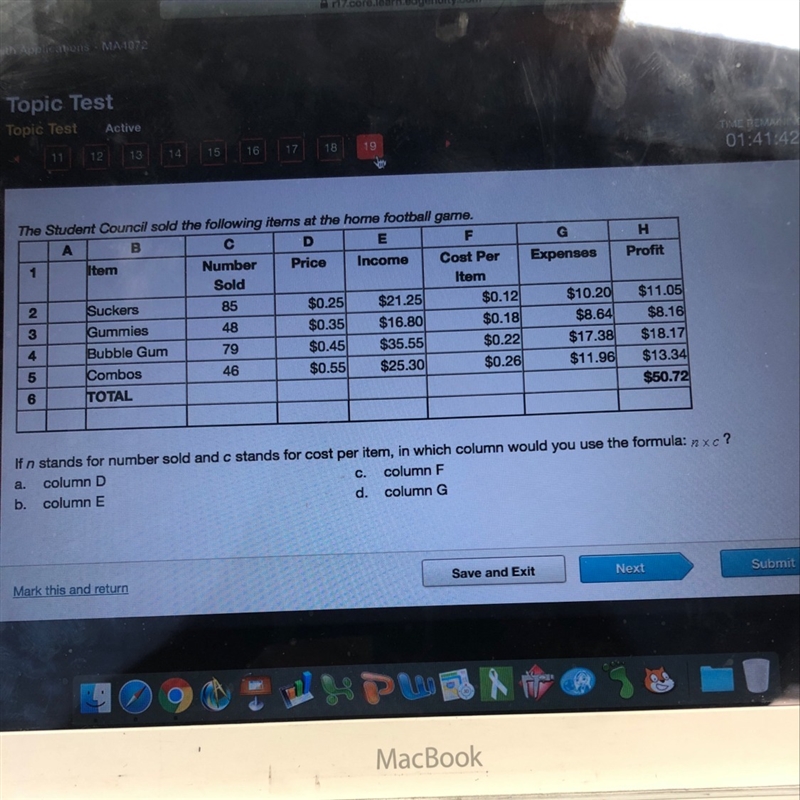 If n stands for number sold and c stands for cost per item, in which column would-example-1