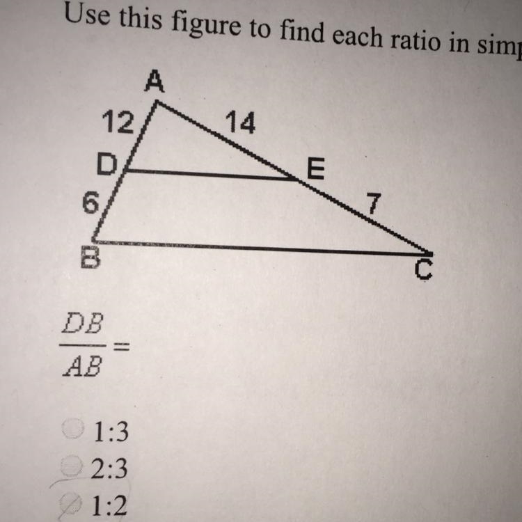 Use the figure to find each ratio in simplest form. DB/AB 1:3 2:3 1:2-example-1