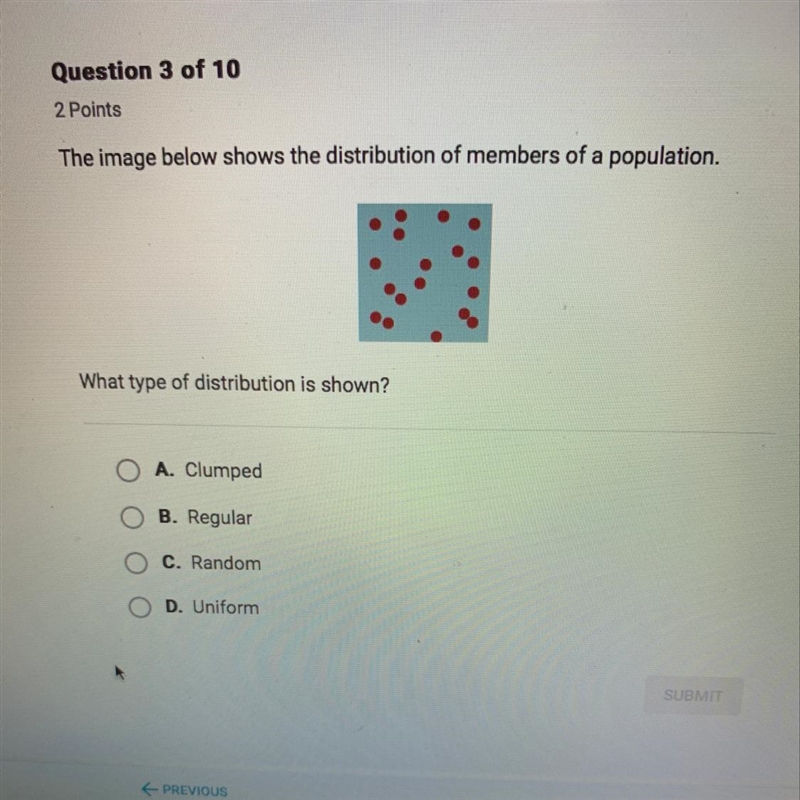 The image below shows the distribution of members of a population. Which type of distribution-example-1