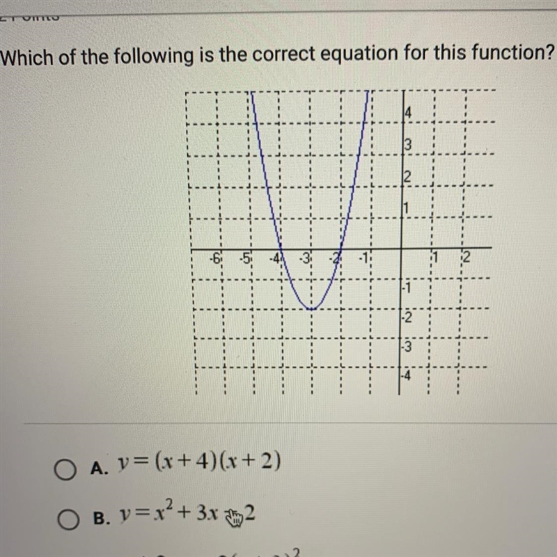 Which of the following is the correct equation for this function? A. y= (x+4)(x+2) B-example-1