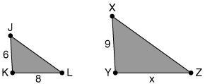 Given ΔJKL : ΔXYZ, find x. A)10 B)12 C)16 D)20-example-1