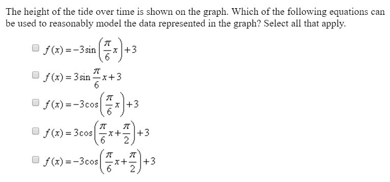 The height of the tide over time is shown on the graph. Which of the following equations-example-2