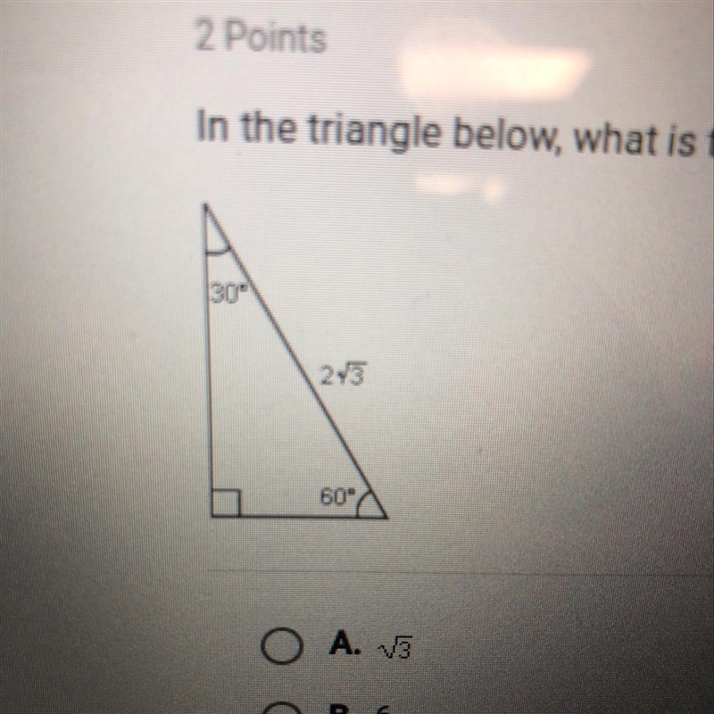 In the triangle below, what is the length of the side opposite the 60 degree angle-example-1