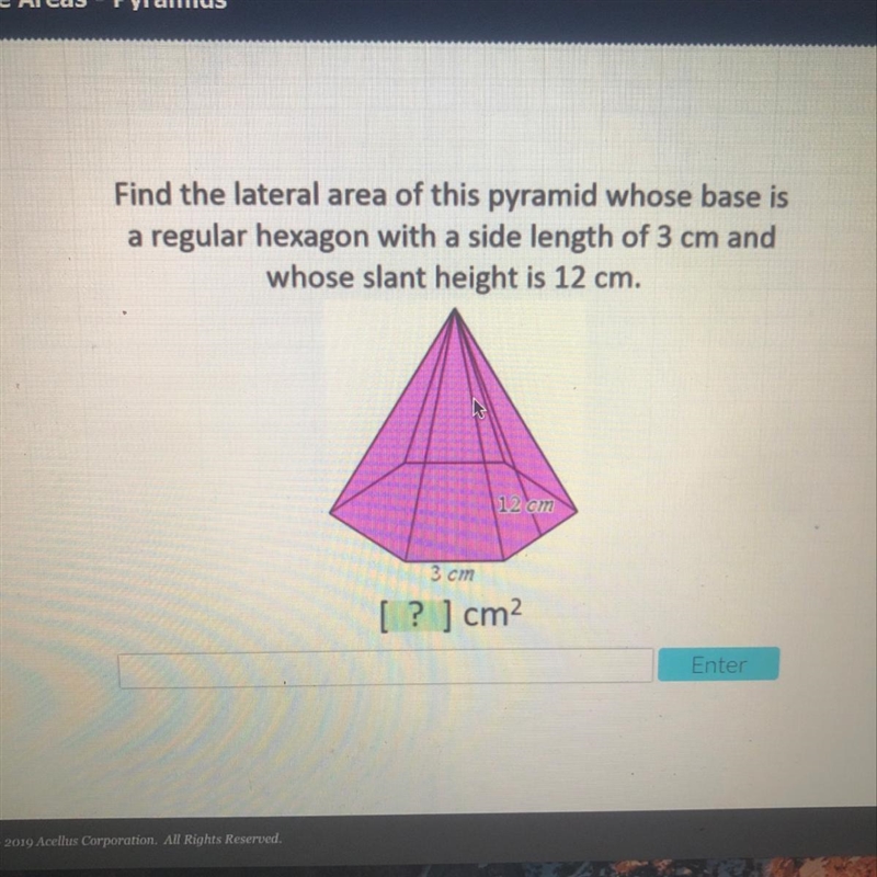 Find the lateral area of this pyramid whose base is a regular hexagon with a side-example-1