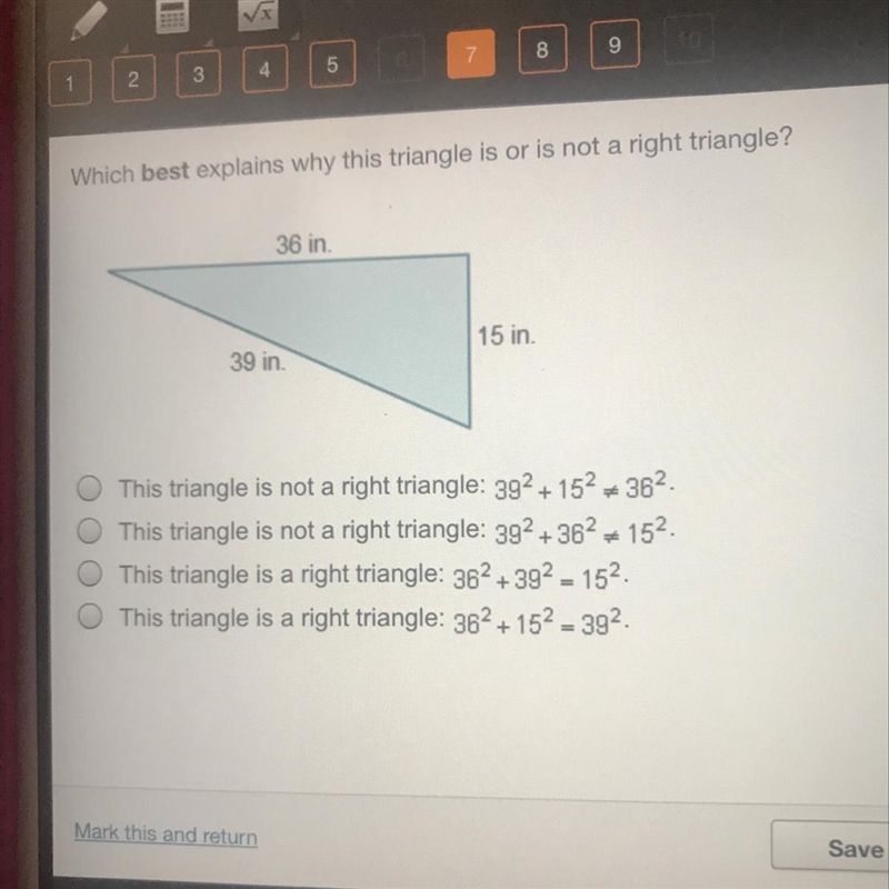 Which best explains why this triangle is or is not a right triangle?-example-1