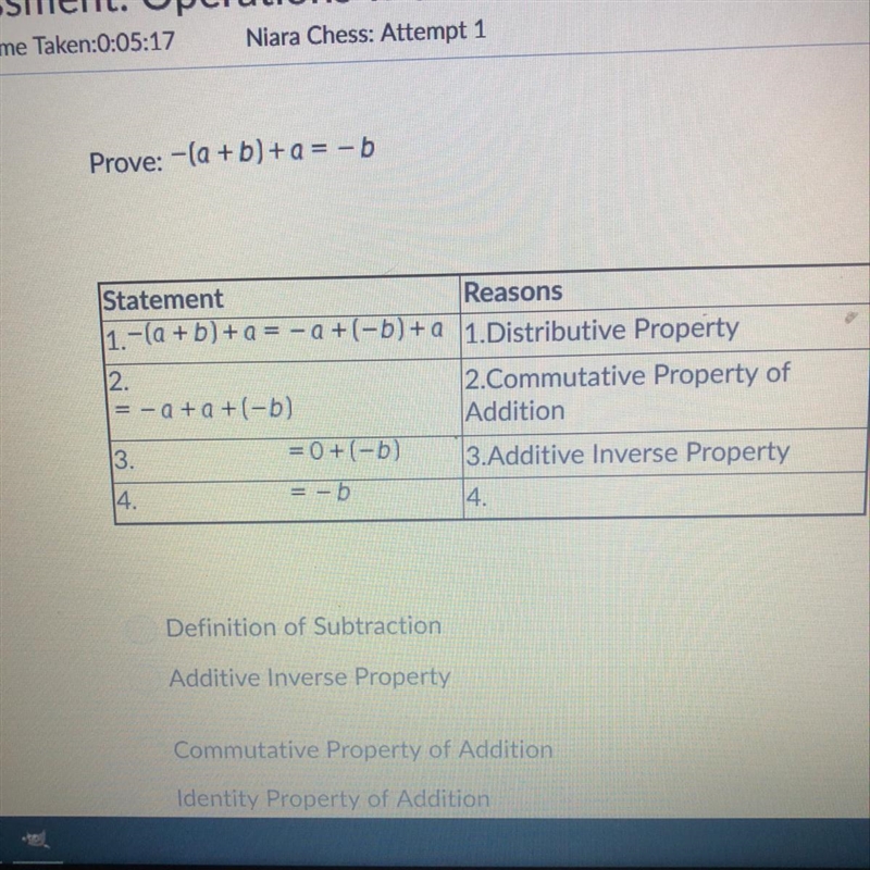 Which reason for step 4 completes the proof? Prove: -(a + b) + a = -b-example-1