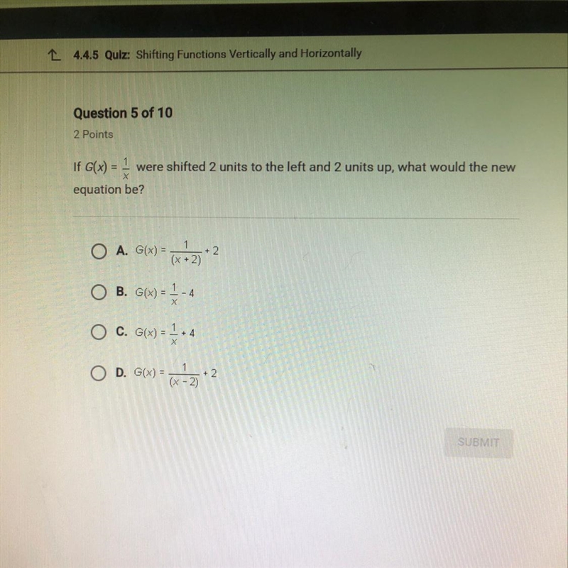 If G (x) = 1/x were shifted 2 untold to the left and 2 united up, what would the new-example-1