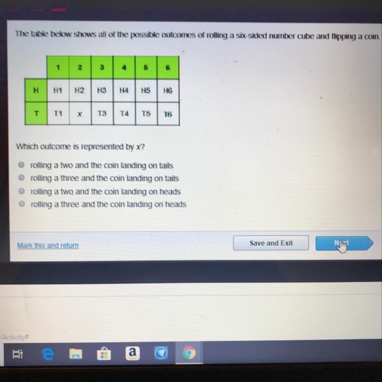 Which outcome is represented by X? rolling a two and the coin landing on tails rolling-example-1