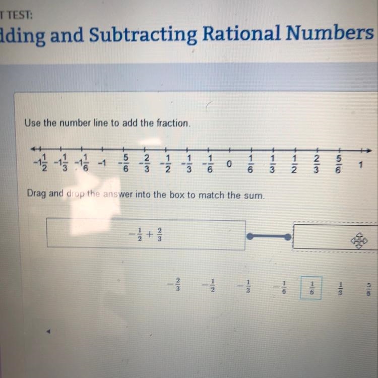 Use the number line to add the fraction -1/2 + 2/3-example-1