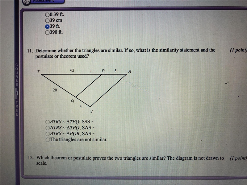 Determine whether the triangles are similar, if so what is a similarity statement-example-1