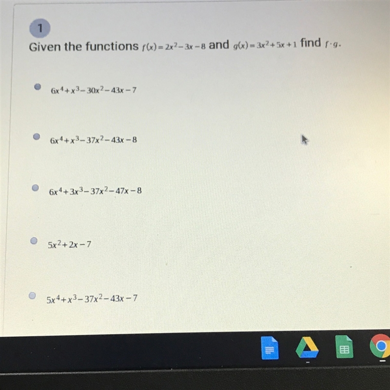 Given the functions f(x)=2x^2-3x-8 and g(x)=3x2+5x+1-example-1