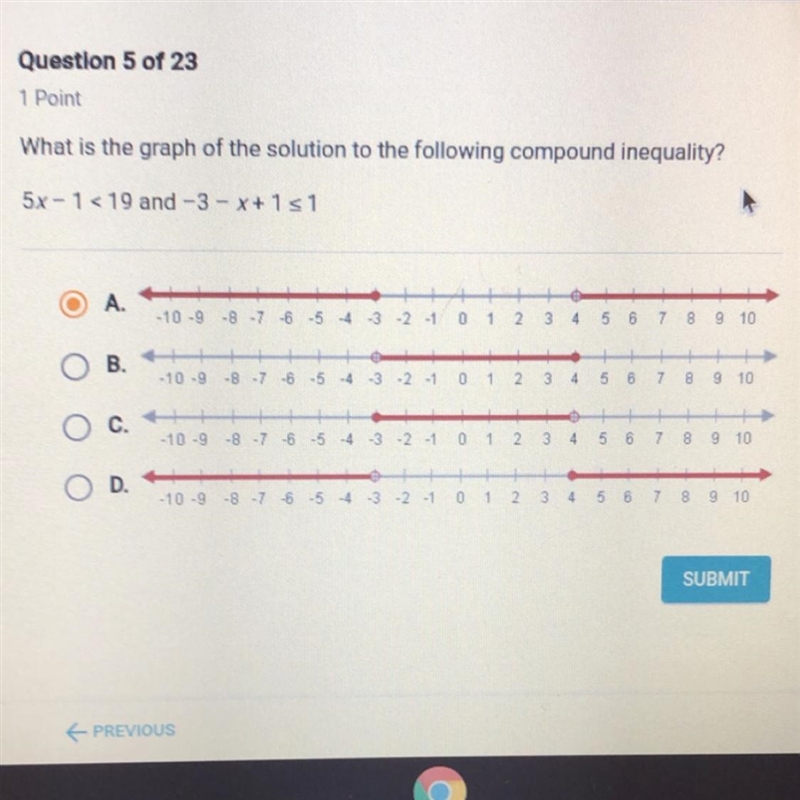 1 Point What is the graph of the solution to the following compound inequality? 5x-example-1