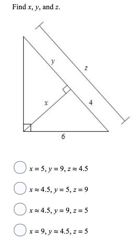 Find x, y, and z. Multiple choice answers are below!-example-1