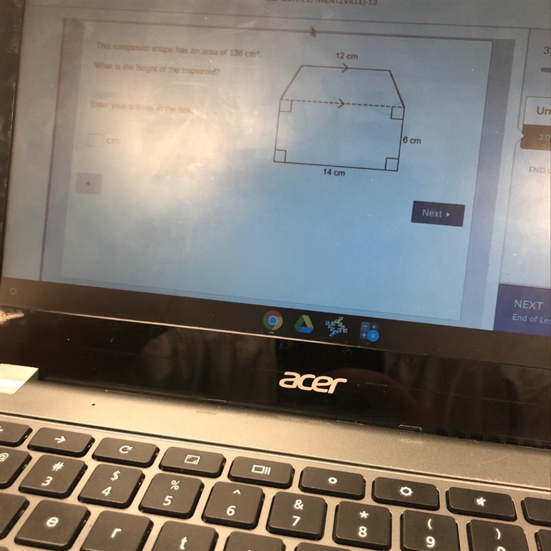 The composite shape has an area of 136cm^2 What is the height of the trapezoid-example-1