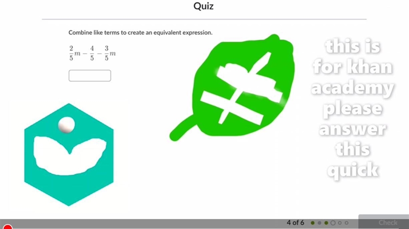 Combine like terms to create an equivalent expression. 2/5m - 4/5 - 3/5m-example-1